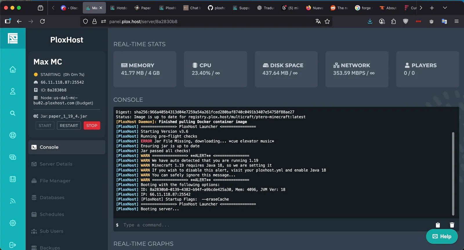 Panel de PloxHost antes de la v3.0
