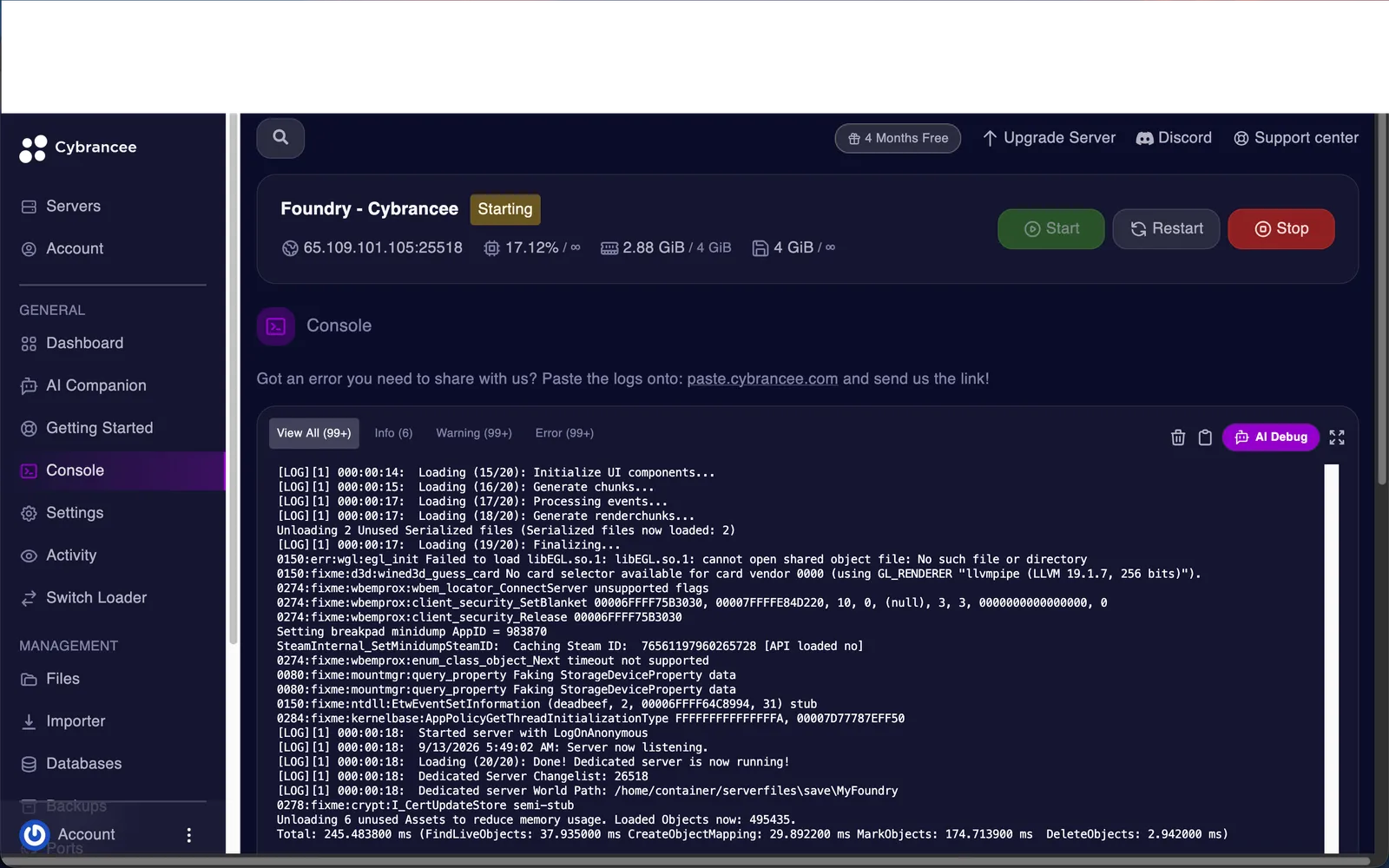 Consola de un servidor en Cybrancee