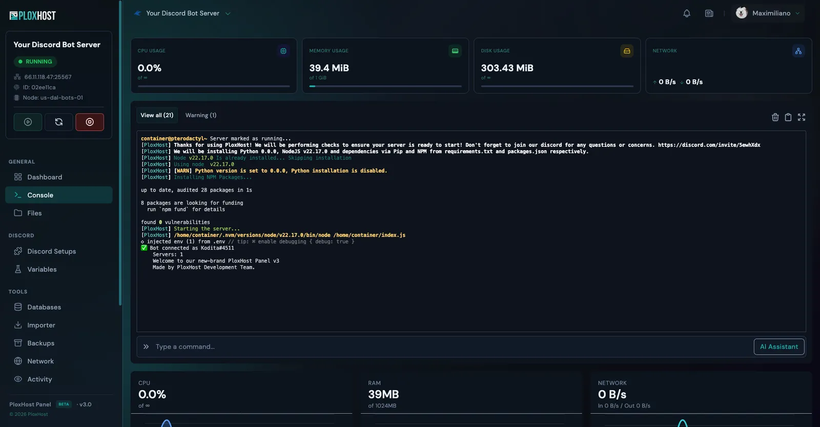 Consola de un bot de Discord en PloxHost